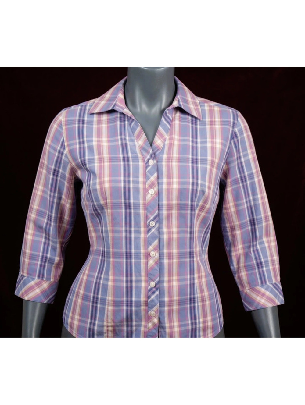 Erika Plaid Button-Down Shirt Size M Blue Pink White 3/4 Sleeve 100% Cotton